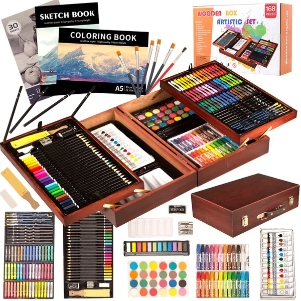 KINSPORY - Paquete de 168 suministros de arte de lujo, juego de arte de madera, manualidades, dibujo, pintura, lápices para colorear para artistas, principiantes, niños y niñas (café oscuro)