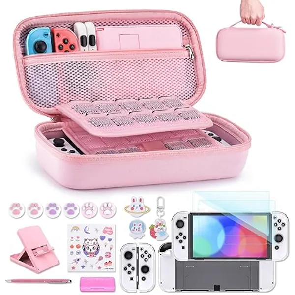 Switch Tasche für NS Switch OLED - innoAura 18 in 1 Switch Zubehör mit Switch Hülle, Switch Spiele Aufbewahrung, Switch Schutzfolie für Switch OLED, Switch Ständer, Switch Joystick Kappen (Rosa)