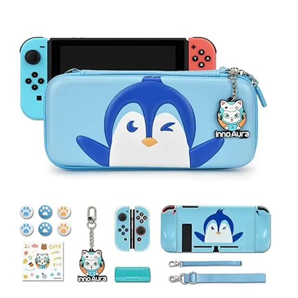 Switch Tasche, innoAura NS Switch Zubehör Set mit Switch Tragetasche Niedlicher, Switch Schutzdeckel Shell, Switch Bildschirmschutz, Spielhülle (Blau-Weißer Pinguin)