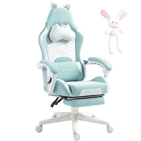 Dowinx Gaming Stuhl - Süße Katze Edition - Ergonomischer Computerstuhl mit Hoher Rückenlehne und Lendenwirbelstütze, PU-Leder, Fußstütze, Blau