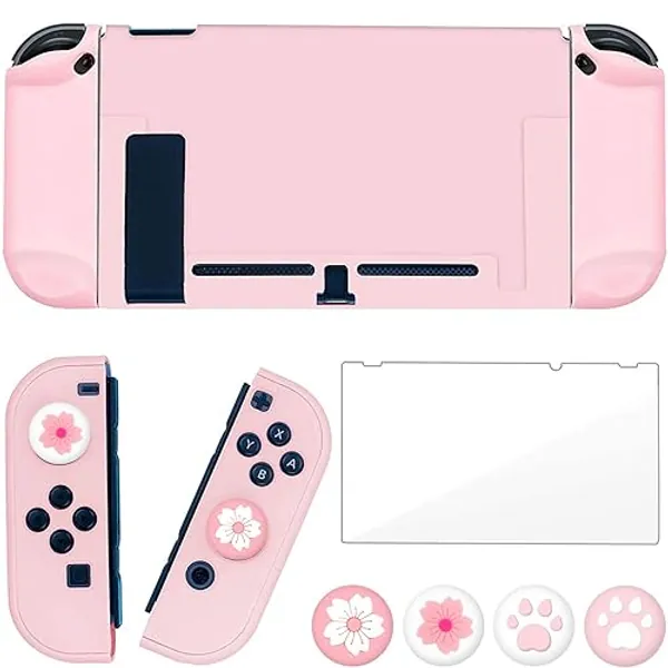 OLDZHU Rosa Dockable Schutzhülle Kompatibel mit Nintendo Switch Joy-Con Controllern,mit Glas-Displayschutz,4 Daumengriffkappen,Stoßdämpfung und Kratzfes,rosa zubehör für Nintendo Switch