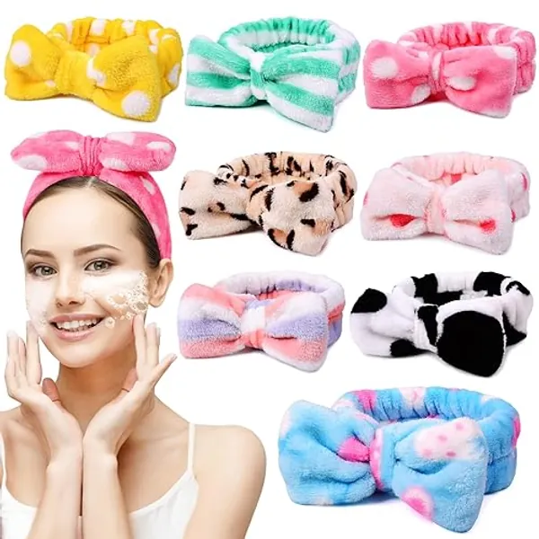 UMIKU 8 Pack Spa Headband for Women, Facial Makeup Headband Soft Coral Fleece Cosmetic Headband for Women Girls Bow Hair Band Head Wraps for Washing Face Mask Spa Shower Gifts - 8 color-1