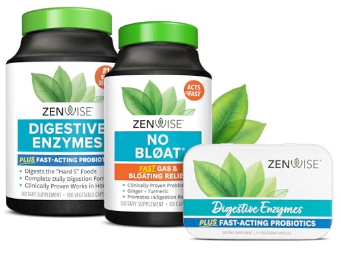 Zenwise Health Digestive Enzymes, No Bloat, and Free Travel Tin with Probiotics for Digestive and Gut Health | Bloating Relief for Women and Men