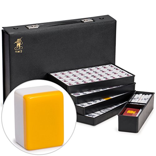 Yellow Mountain Imports Japanese Riichi Mahjong Set - White and Yellow Standard Size Tiles - with East Wind Tile and Black Vinyl Case - Standard - White