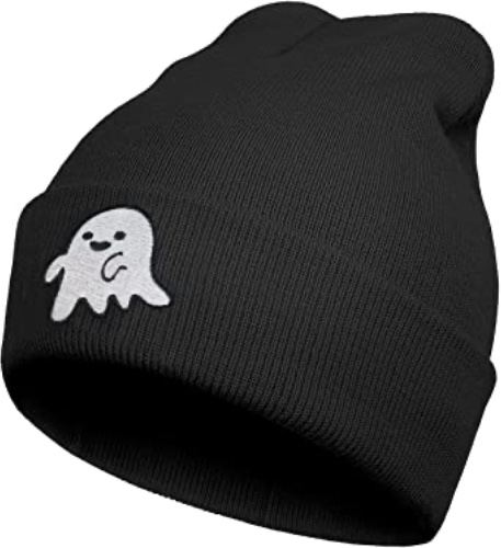 Ghost Beanie Hat - Embroidery Cute Ghost Hat Cartoon Knit Skull Winter Warm Cuffed Cap- Kawaii Goth Spooky Novelty Funny Beanie - Halloween Ghost Stuff Accessorise Gifts for Women Men Black