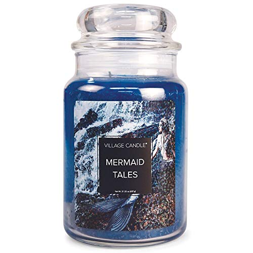 Village Candle Mermaid Tales Large Glass Apothecary Jar Scented Candle, 21.25 oz, Blue