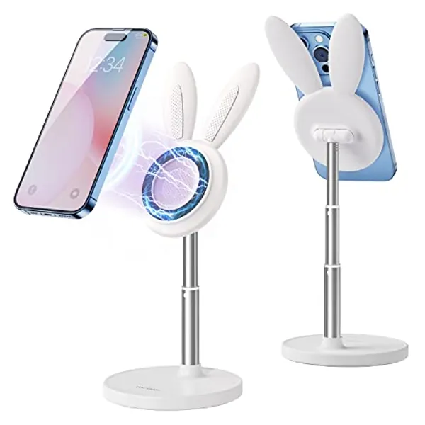 nediea Bunny Cute Phone Stand for Magnetic, Adjustable Cell Phone Holder Stand with Magnetic Patch for iPhone 14/13/12, Compatible with All Mobile Phones-White
