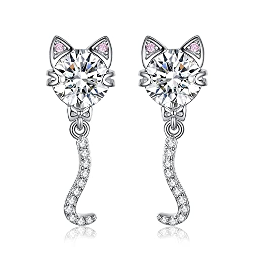 JewelryPalace Süße Katze 4ct Zirkonia Ohrstecker Silber 925 Damen, Rosa Stein Schmuck Set, Katzenschwanz Schaukel Ohrringe Silber Mädchen Schmuck, Modeschmuck Ohrhänger Silber für Frauen Geschenke