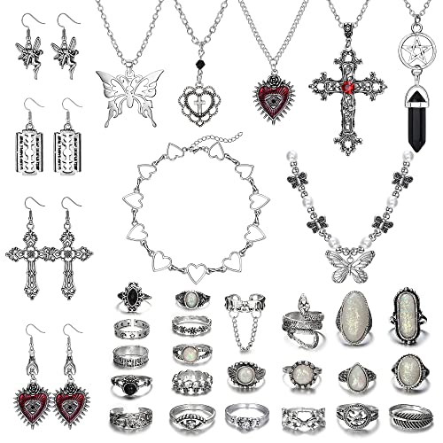 JeryWe 33 Stück Gothic Schmuck Set für Damen Herren Vintage SilberKette Ohrringe Fee Schmetterling Boho Kreuz Anhänger Herz Choker Goth Stapelbare Ringe Einstellbar Punk Grunge Y2K Schmuck
