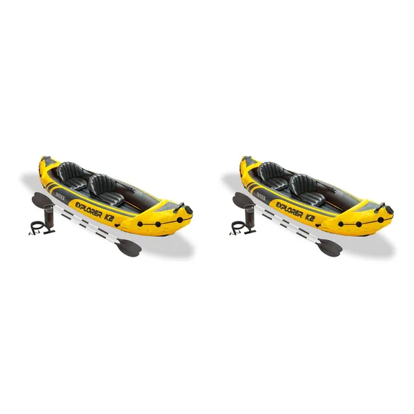 Intex Explorer K2 Yellow 2 Person Inflatable Kayak with Oars & Air Pump (2 Pack) - 
