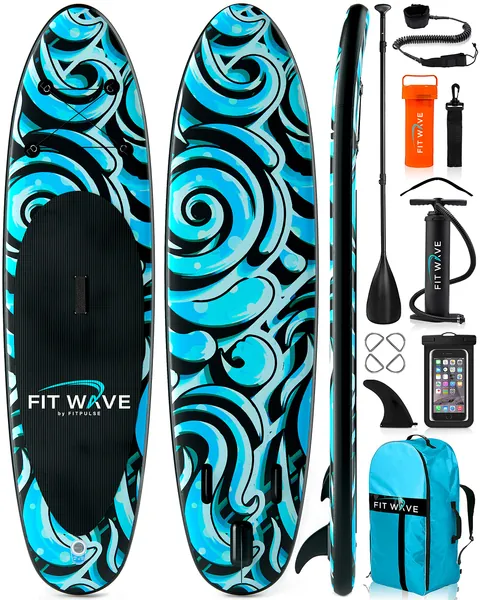 FITWAVE Paddle Board 9.5ft/10ft/11ft SUP + Kit - Inflatable Paddle Boards for Adults - Inflatable Stand Up Paddle Board with Pump, Emergency Repair Kit, Bag & More - Anti Air Leaking & Nonslip Deck - 10ft Premium UV Print