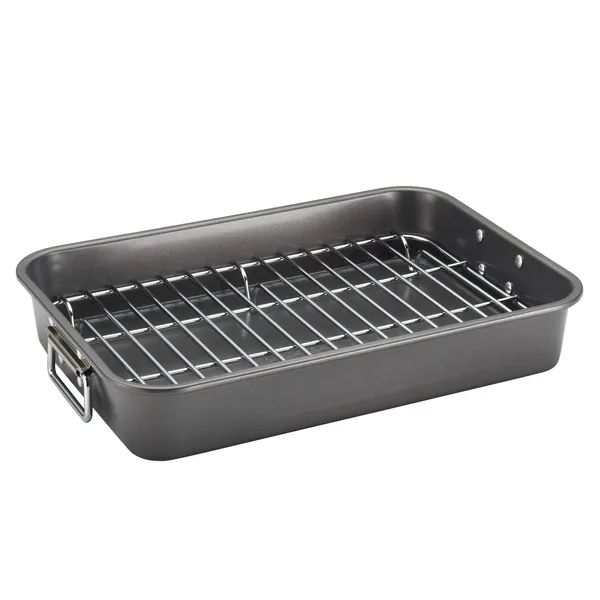 Farberware Bakeware Nonstick Steel Roaster with Flat Rack, 11-Inch x 15-Inch, Gray - 11 Inch x 15 Inch