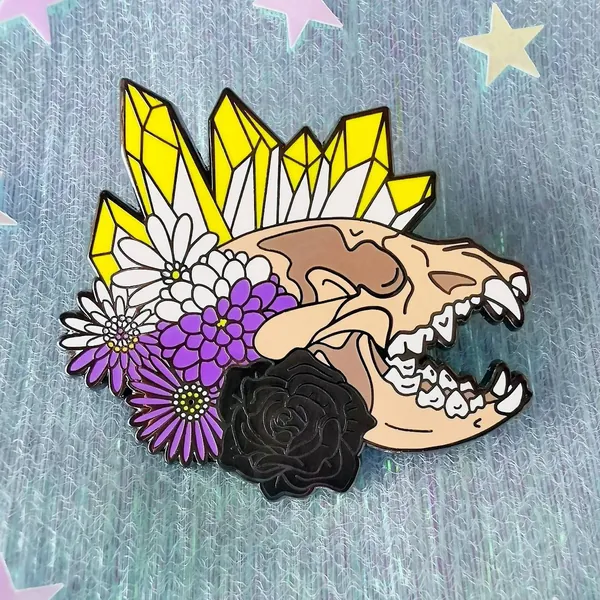 Non Binary Enby Pride LGBTQIA+ Hyena Skull Enamel Pin 45mm Hard Enamel Pin | Crystals | Floral