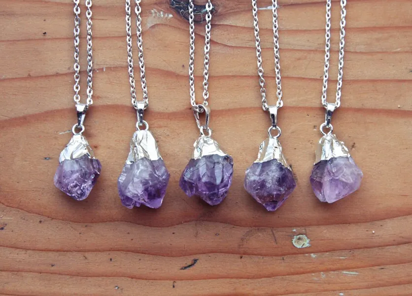 Silver Dipped Raw Amethyst Crystal Drop Necklace - Rough Clear Purple Spike Point Cluster Sterling Silver Plated Chain, Natural Layering