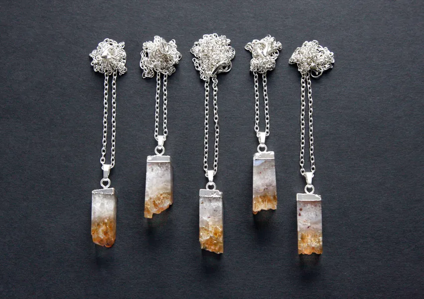 Silver Dipped Citrine Pillar Crystal Necklace - Rough Orange Spike Square Natural Raw Druzy Pendant on Plated Chain, Layering Crystals