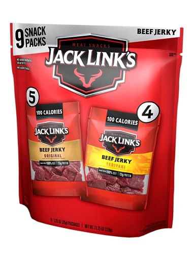 Jack Link's Beef Jerky Variety - Includes Original and Teriyaki Flavors, On the Go Snacks, 13g of Protein Per Serving, 9 Count of 1.25 Oz Bags - Original, Teriyaki - 1.25 Ounce (Pack of 9)