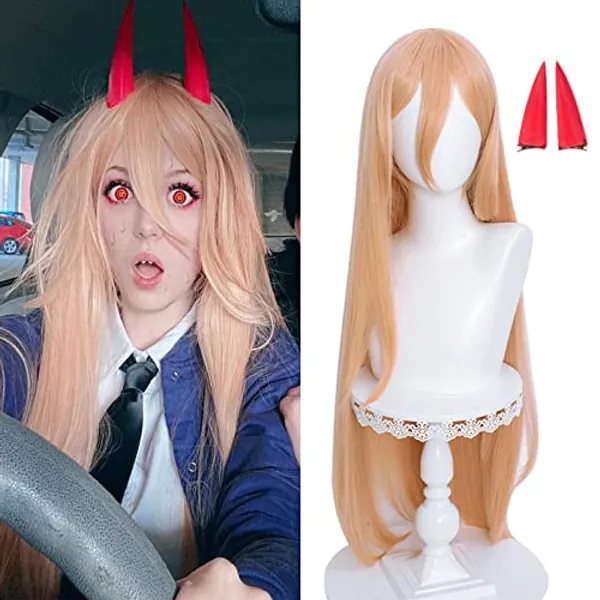 LABEAUTÉ Orange Cosplay -Power Wig + Horns for Girls Women Anime Long Straight Halloween Party Hair Wig with Cap