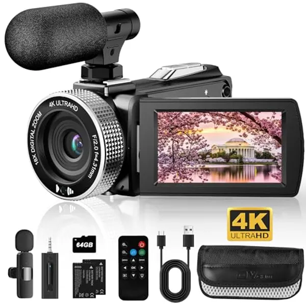 Video Camera Camcorder 4K 60FPS 48MP UHD Vlogging Camera for YouTube, Camera for Vlogging, 18X Digital Zoom Video Recording with Wireless Lavalier Microphone, Remote, 2 Batteries, 64GB Card