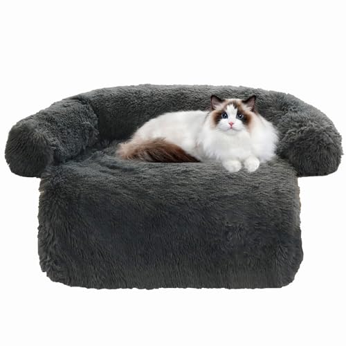 Calming Dog Bed Fluffy Plush Dog Mat for Furniture Protector with Removable Washable Cover for Large Medium Small Dogs and Cats (XS(31“x27.5”x5“), Dark Grey) - 31.0"L x 27.5"W x 5.0"Th - Dark Grey