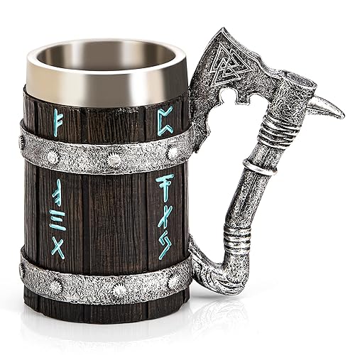 Viking Mug - Nordic Viking Rune Mug, Norse Mythology Gifts, Viking Beer Cup, Tankard Cup for Men, Wooden Barrel Cool Coffee Mugs, Beer Stein for Nordic Decor, Norse Decor (Style 1) - JH-MUG