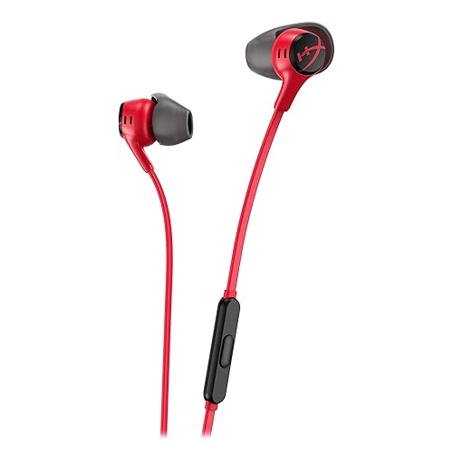 HyperX Cloud Earbuds II – 14mm Drivers, Four Eartips, Hard-Shell Carrying Case, Low-Profile 90° Plug, 3.5mm Plug, Built-in Microphone, Multi-Function Button, PC, Mobile, Nintendo Switch – Red - Red