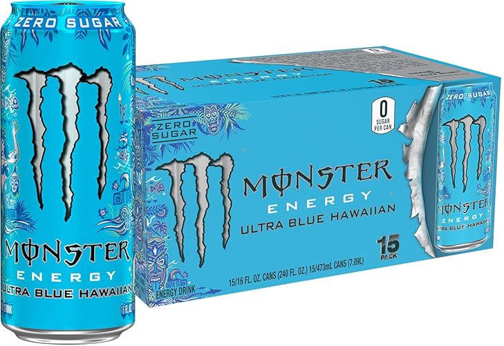 Monster Energy Ultra Blue Hawaiian, Sugar Free Energy Drink, 16 Ounce (Pack of 15)