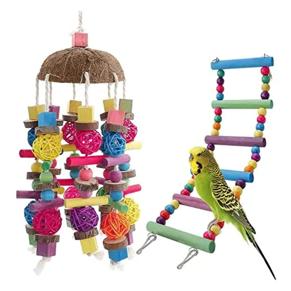 Panesor Large Bird Chewing Toys Natural Wooden Block Birds Parrot Toy with Colorful Climbing Ladder Parrots Cage Hanging Bite Tearing Toys for Parakeets Cockatiels Conures Big Medium Birds