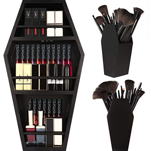 nanayo Makeup Coffin Shelf And Brush Holder – 3 Shelf Makeup Holder for Gothic Decor – Free Standing or Wall Hanging Organizer Spooky Coffin Decor for Bedroom or Bathroom