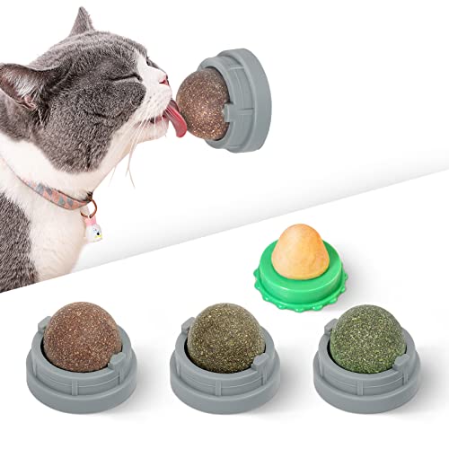 Potaroma Catnip Silvervine Balls 4 Pcs, Extra Cat Energy Ball, Edible Kitty Lick Toys, Healthy Kitten Chew, Teeth Cleaning Dental Cat Toy, Cat Wall Treats (Grey) - Gray Catnip Balls