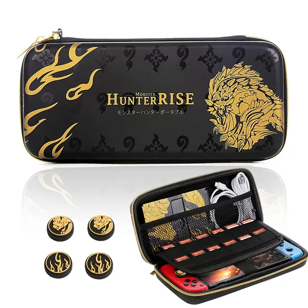 ELESKY Carrying Case Compatible with Nintendo Switch, Monster Hunter Rise Hard Shell Protector Cover with 12 Games Card Slots & 4pcs Thumb Grip Cap, Portable Travel Pouch Bag Compatible for NS Console - 2-in-1