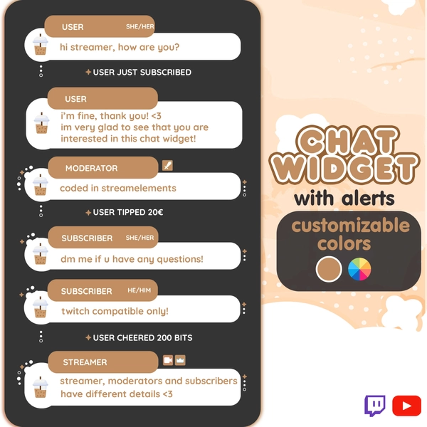 P2U Customizable Chat Widget Bubble Tea Boba Brown Stream Chatbox Cute Streamelements l Widgets for streamers l Custom Twitch Youtube