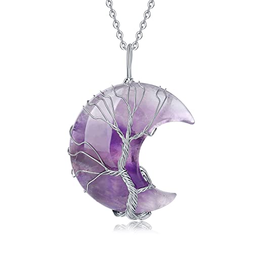 Tree of Life Wire Wrapped Crescent Moon Pendant Necklace Amethyst
