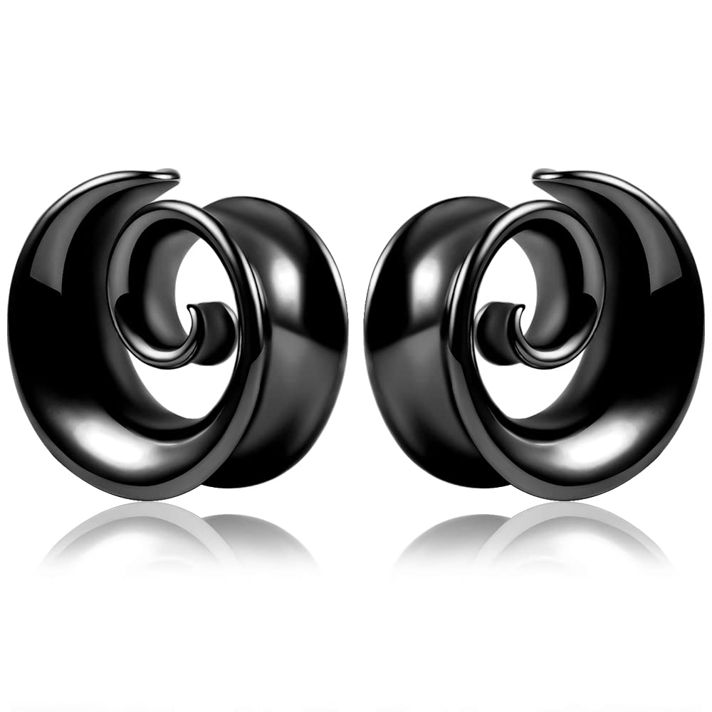 2PCS Spiral Saddle Ear Tunnels Plugs 316 Stainless Steel Ear Gauges Hypoallergenic Earrings 16mm(5/8") - Black