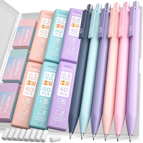 Nicpro 6PCS Pastel Mechanical Pencil Set, 0.5 & 0.7 & 0.9 mm with 6 Tubes HB Lead Refill, 3PCS Eraser and 9PCS Eraser Refill for Student Writing Drafting, Drawing, Sketching-with Cute Case - 0.5mm + 0.7mm + 0.9mm