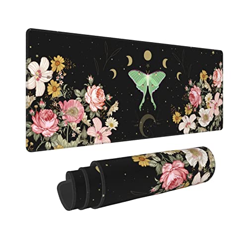 Moon Phase Moth Garden Black XXL XL Large Gaming Mouse Pad for Desk, Non-Slip Long Extended Keyboard Pads Mousepad Rubber Table Mat 31.5 X 11.8 Inch - Moon Phase Moth Garden Black