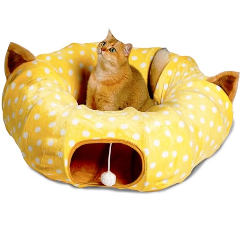 AUOON Cat Tunnel Bed with Central Mat,Big Tube Playground Toys,Soft Plush Material,Full Moon Shape for Kitten,Cat,Puppy,Rabbit,Ferret,Yellow - Yellow