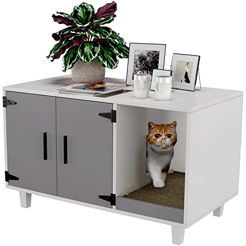 GDLF Modern Wood Pet Crate Cat Washroom Hidden Litter Box Enclosure Furniture House as Table Nightstand with Scratch Pad,Stackable (Gray & White) - Gray & White