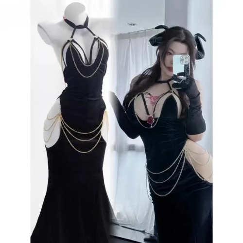 Anime Overlord Albedo Chain Evening Dress - Black Dress