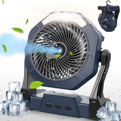 Ausic Misting Fan Portable, Camping Fan with Light & 250ml Water Tank, 10000mAh 8 Inch Battery Operated Rechargeable Fan, Outdoor Fans for Patios, Cooling Fan with Hook for Tents, Bedroom, Travel - Dark Gray