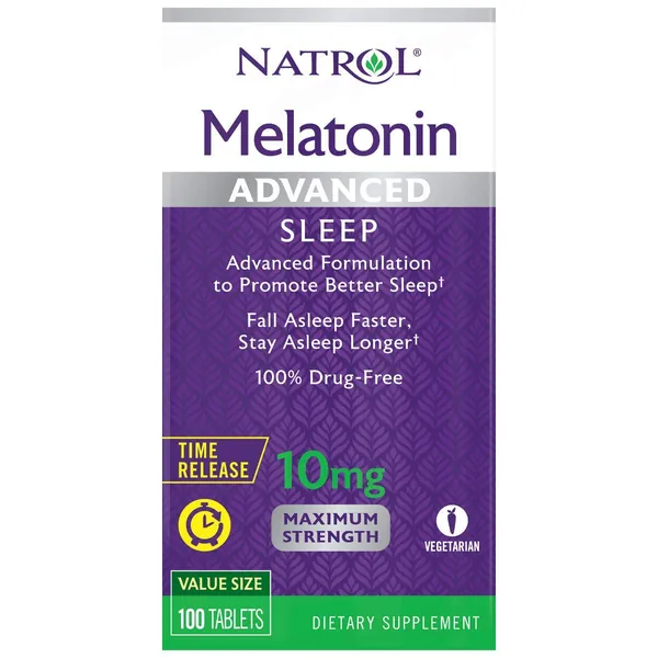Natrol Melatonin Advanced Sleep Tablets with Vitamin B6, Helps You Fall Asleep Faster, Stay Asleep Longer, 2-Layer Controlled Release, 100% Drug-Free, Maximum Strength, 10mg, 100 Count