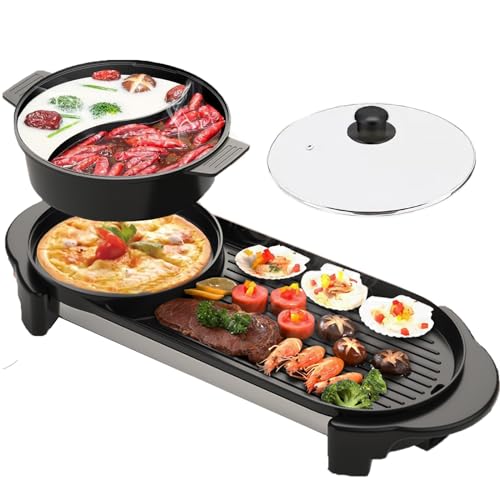 Hot Pot with Grill, Electric Hot Pot 2 in 1 Shabu Shabu Hot Pot Korean BBQ Grill, Removable Hotpot Pot 1200W / Large Capacity Baking Tray, Separate Temperature Control, Electric Grill for 2-12 People - 28"D x 9.4"W x 5"H