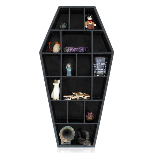 Gothic Curiosities Curio Coffin Shelf - Wooden Goth Decor for Display or Storage of Shot Glasses, Mini Figures, Rocks, and More - 18.5 by 9.75 by 2.75 Inches - Black