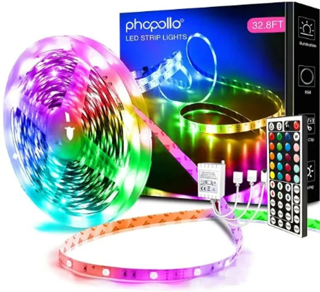 PHOPOLLO Led Lights 32.8ft Long Led Strip Lights for Bedroom Color Changing Luces Led para Decoracion Habitacion RGB DIY Color Option with Power Supply and Remote
