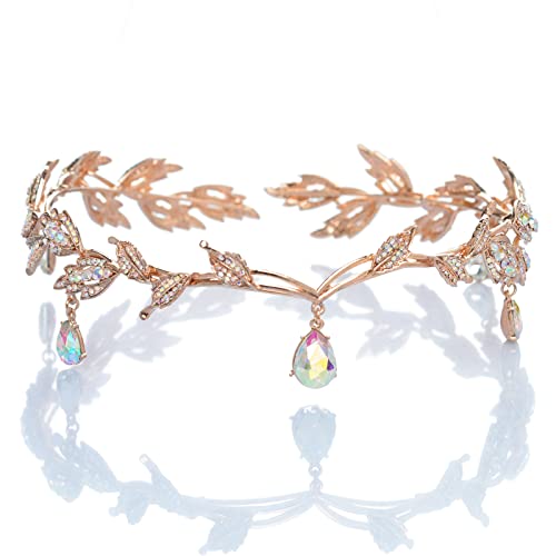 SWEETV Rhinestone Leaf Wedding Crown Headband for Brides, Crystal Pendent Fairy Tiara Headband for Wedding Prom Birthday - Multicolored