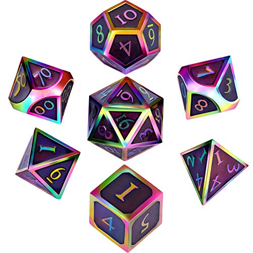 7 Pieces Metal Dices Set DND Game Polyhedral Solid Metal D&D Dice Set with Storage Bag and Zinc Alloy with Enamel for Role Playing Game Dungeons and Dragons, Math Teaching (Rainbow-Dark Purple)