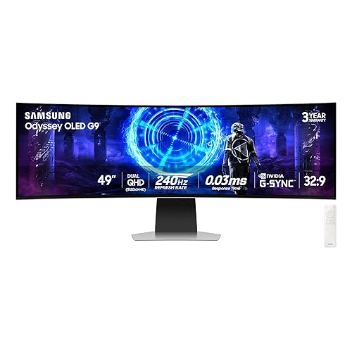 Samsung 49-Inch Odyssey G9 (G95SD) Series QD-OLED G-Sync Compatible Curved Gaming Monitor, 240Hz, 0.03ms, Dual QHD, Glare Free, FreeSync Premium Pro, Ergonomic Stand,LS49DG956SNXGO,2024, 3 Yr Warranty - 240Hz Refresh Rate - OLED Glare-Free Panel - Smart | DP + HDMI Cable