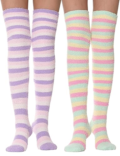 MOGGEI Womens Thigh High Fuzzy Socks Warm Winter Over Knee High Long Striped Fluffy Cozy Fleece Socks 2 Pairs - 5-10 - Purple & Yellow Striped