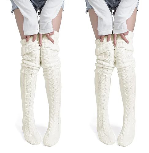 Pcavin Women's Thigh High Socks Over the Knee Cable Knit Boot Socks, Long Warm Fashion Leg Warmers Winter - One Size - 2pcs-beige&beige