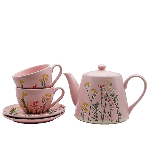 Cookspire Porcelain Tea Set - Modern Pink Tea pot (28.7 fl oz) and 2 Tea Cups with Saucers (9.2 fl oz) with Floral Design, Quality Craftsmanship for Tea Time, Ideal Tea Gift Set
