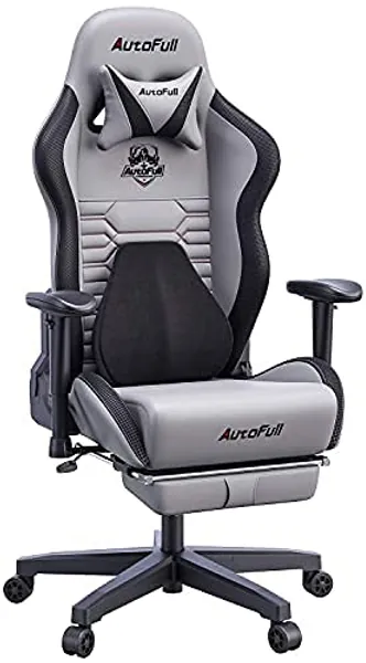 AutoFull Gaming Chair Ergonomic Gamer Chair with 3D Bionic Lumbar Support Racing Style PU Leather Computer Gaming Chair with Retractable Footrest,Grey - Grey